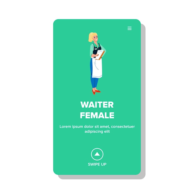 Waiter Female Accept Client Order In Cafe Vector. Restaurant Worker Waiter Female Wearing Apron Holding Menu. Smiling Character Young Woman Catering Service Waitress Web Flat Cartoon Illustration