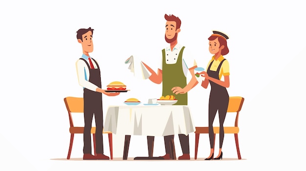 Vector waiter serving meal to customer with towel and dish