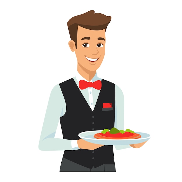 Waiter smiling holding dish ready serve customers excellent service restaurant hospitality