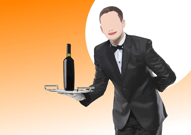 Vector waiter in tuxedo holding a bottle of wine on a silver tray