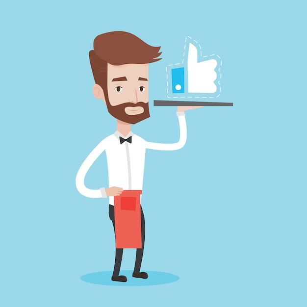 Waiter with like button illustration.