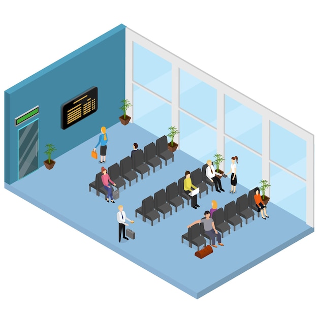 Waiting Hall Interior Isometric View for Airport, Office, Clinic or Station witch People and Furniture.