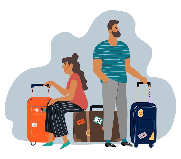 A waiting man and woman with suitcases.