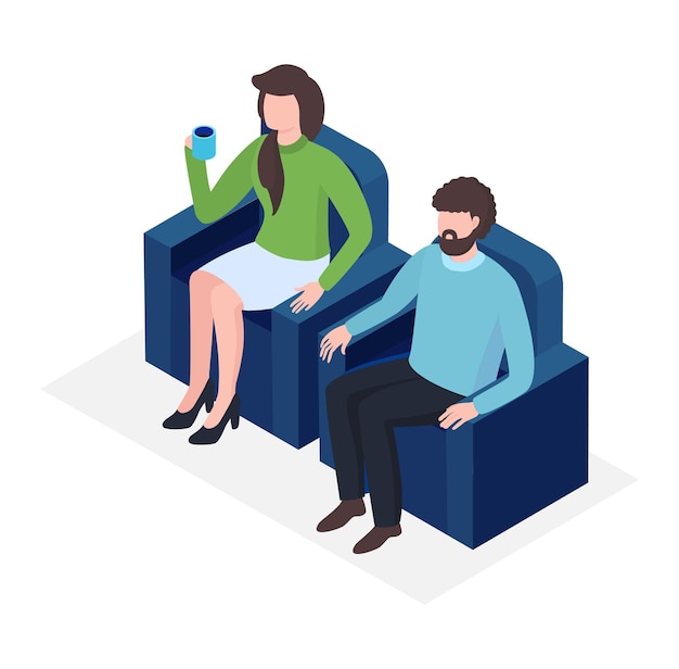 Waiting place female hold coffee cup man sitting soft armchair people together await call isometric ...