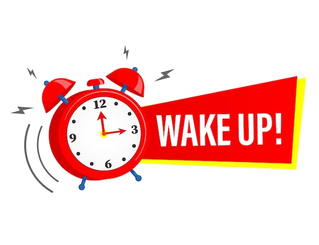 Wake up alarm clock icon with red ribbon Vctor illustration on a white background