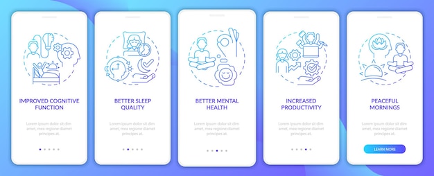 Wake up early benefits blue gradient onboarding mobile app screen Health walkthrough 5 steps graphic instructions pages with linear concepts UI UX GUI template Myriad ProBold Regular fonts used