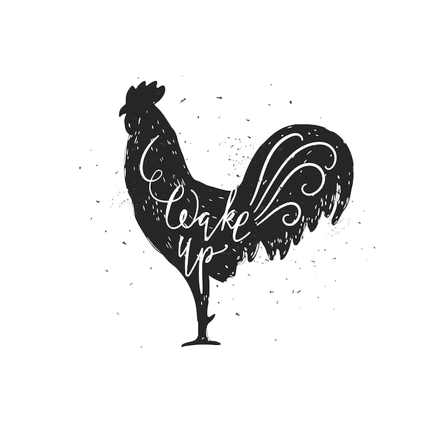 Wake up illustration. Hand drawn black rooster on white