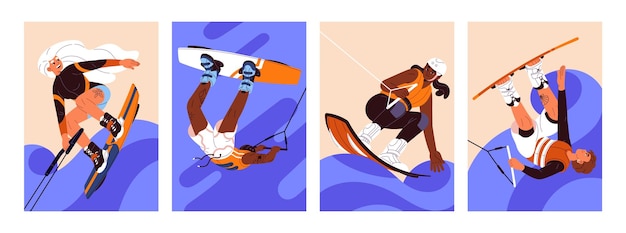 Wakeboarding set People kitesurfing go extreme water sport do stunts Characters ride on board with foot bindings surfing towed by rope on ocean Active hobby outdoors Flat vector illustrations