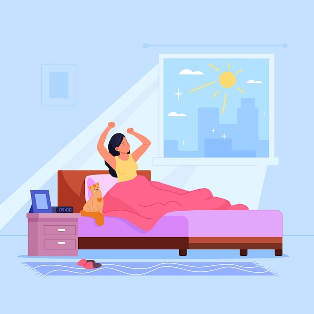 Wakeup woman Morning sunlight and stretching beautiful girl in bedroom wake up at bed sleep energy fresh new day relax awake happy women person cartoon vector illustration