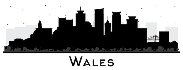 Wales City Skyline Silhouette with Black Buildings Isolated on White