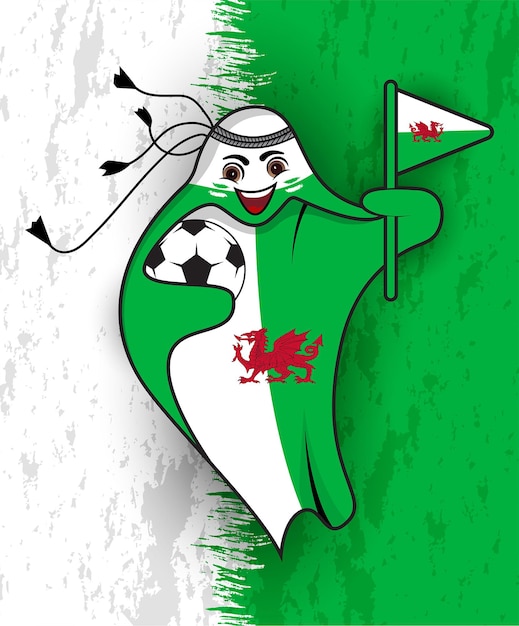 Wales flag with Mascot Qatar world cup vector graphic for t-shirt design.