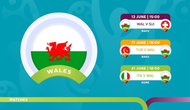 Wales national team Schedule matches in the final stage at the 2020 Football Championship.   illustration of football 2020 matches.