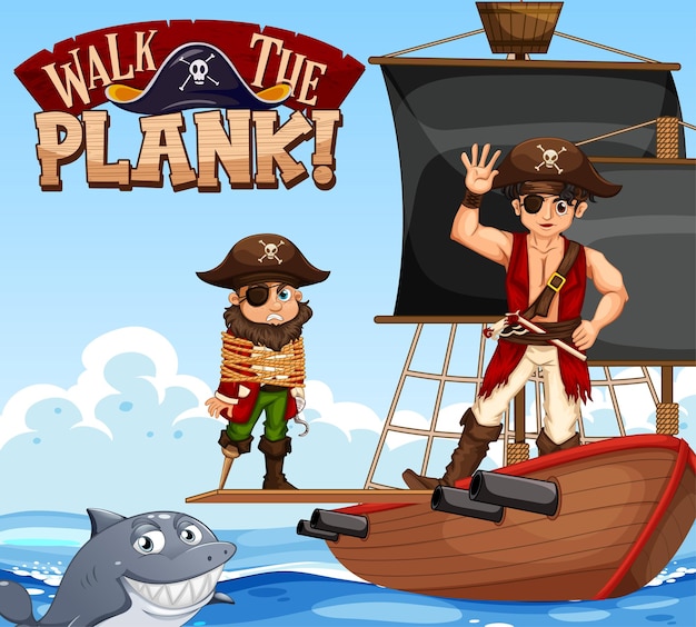 Walk The Plank font banner with pirate cartoon character with pirate ship