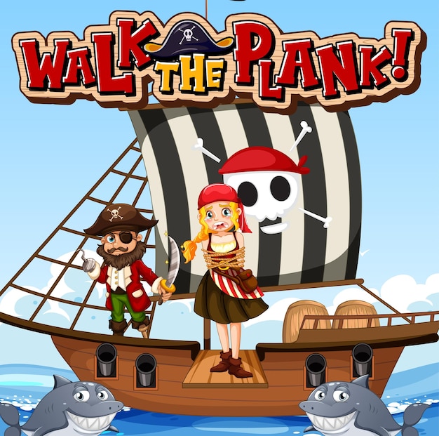 Walk The Plank font banner with pirate girl standing on the plank