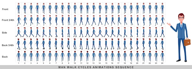 Walking animation of businessman Character Walk Cycle Animation Sequence Frame by frame animation