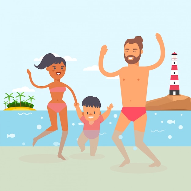 Vector walking baby at beach resort, clear ocean water,  illustration. young family with child taking their first steps in water.