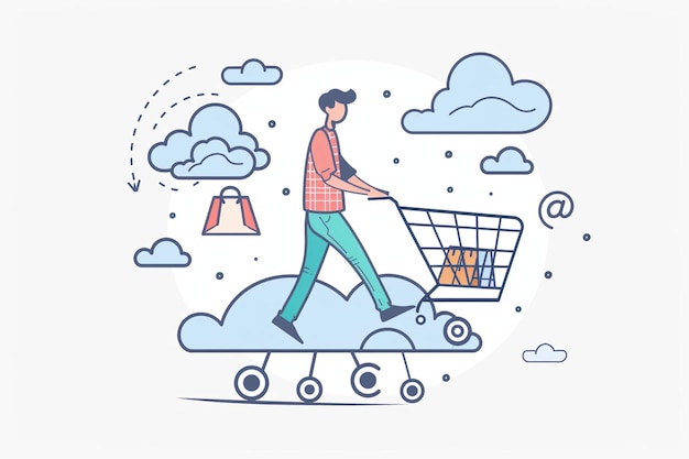 Vector walking on clouds with shopping cart