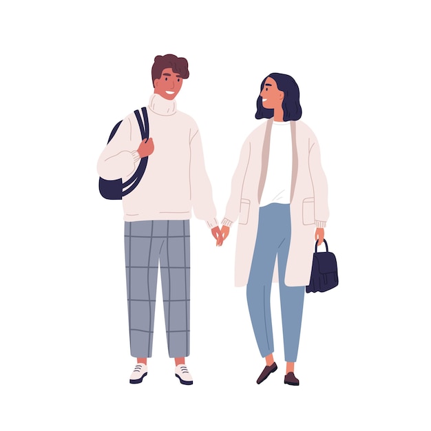 Walking happy modern young people. Couple in love, holding hands and looking at each other. Romantic stylish woman and man in casual warm clothes. Flat vector cartoon illustration isolated on white.