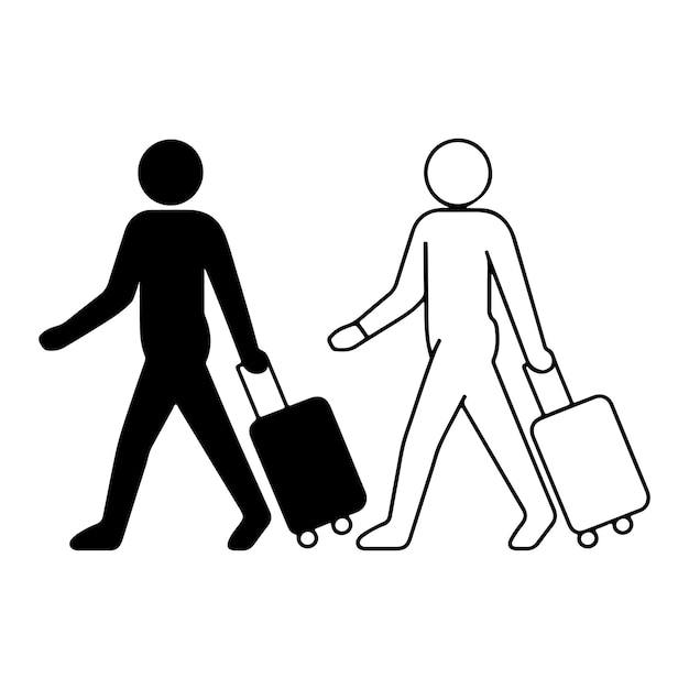 Walking Human Figures and outline tourist icon with Suitcases Silhouette Vector Art