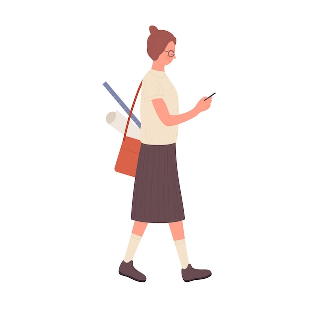 Walking nerd girl with smartphone