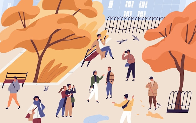 Walking people spend time in autumn city park. Modern characters stroll and rest outdoors. Seasonal recreational activity at public place. Flat vector cartoon illustration.