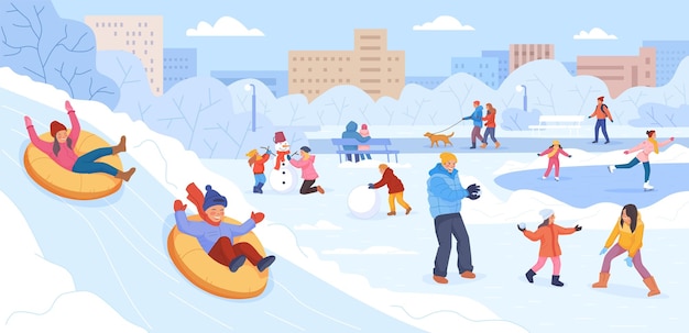 Walking in winter park Active people in snow landscape wintering family outdoor activities skiing ice skating rink sled making snowman christmas holiday swanky vector