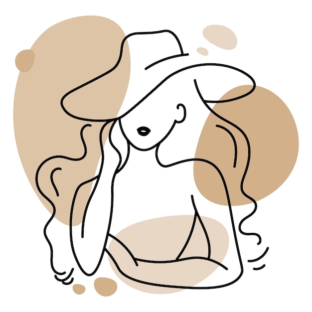 Wall art abstract line art of a long haired woman in an elegant hat and beige spots