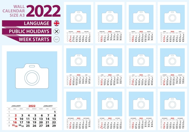 Wall calendar 2022 size A3, English language. Week start from Sunday.