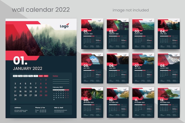 Wall Calendar 2022 With Dark And Red Creative Design Accents