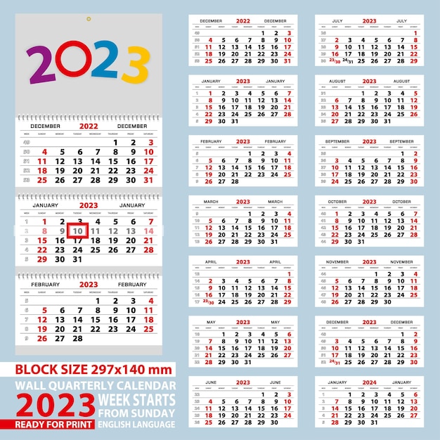 Wall calendar 2023 week start from Sunday For A4 size