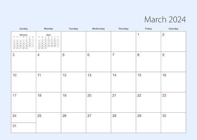 Wall calendar planner for March 2024 English language week starts from Sunday