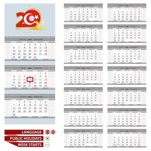 Wall calendar planner template for 2022 year. Turkish and English language. Week starts from Monday.