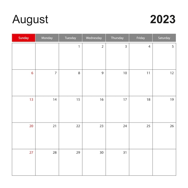 Wall calendar template for August 2023 Holiday and event planner week starts on Sunday