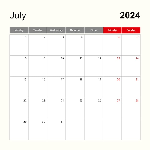 Vector wall calendar template for july 2024 holiday and event planner week starts on monday