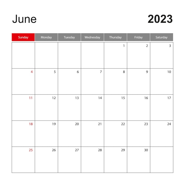 Wall calendar template for June 2023 Holiday and event planner week starts on Sunday