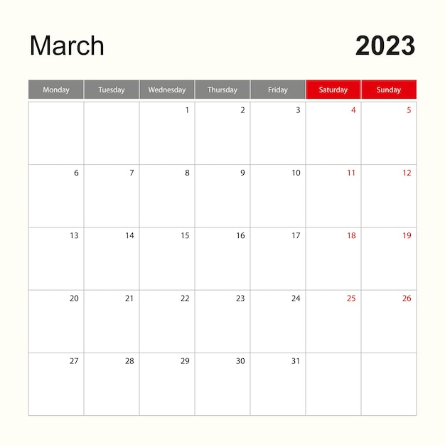 Wall calendar template for March 2023 Holiday and event planner week starts on Monday