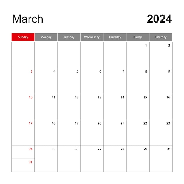 Wall calendar template for March 2024 Holiday and event planner week starts on Sunday