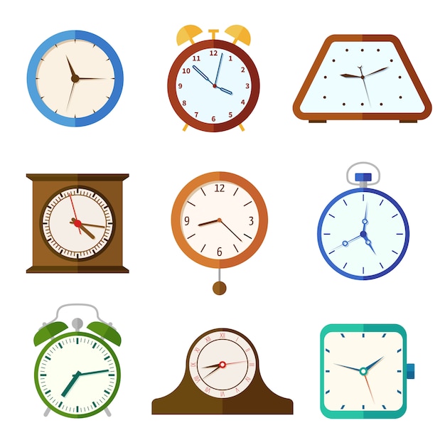 Wall clock and alarm clocks, time flat icons