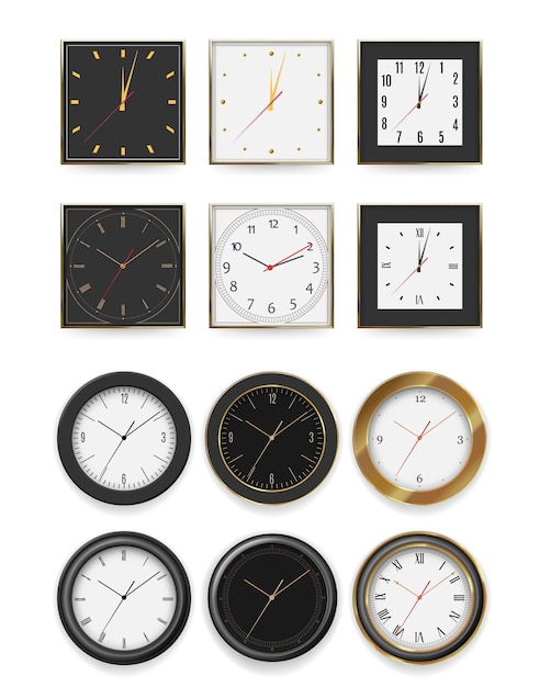 Wall clock. White and black dial timer of different shape and color set illustration. Realistic  round and square wall clock with silver, dark metal, gold frame collection  on background