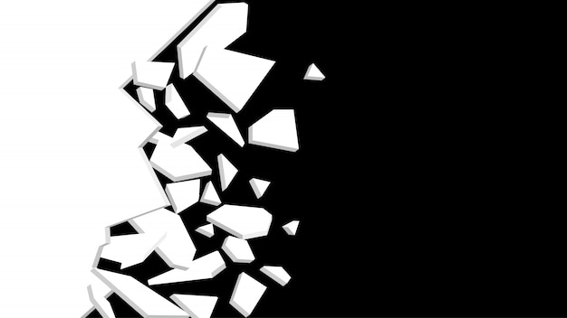 Wall explosion fragment. Abstract explosion. Black and white   illustration.