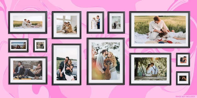 A wall of pictures with a pink background that says'love is in the air '