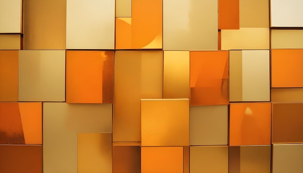 A wall of shiny metallic gold and orange rectangular tiles creates a textured and geometric background