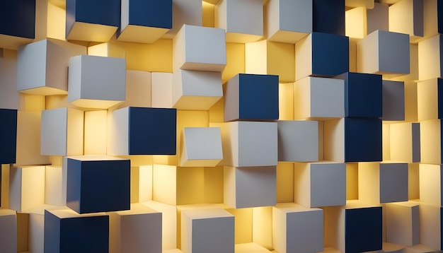 A wall of white blue and yellow cubes some illuminated creates a dynamic and textured geometric design