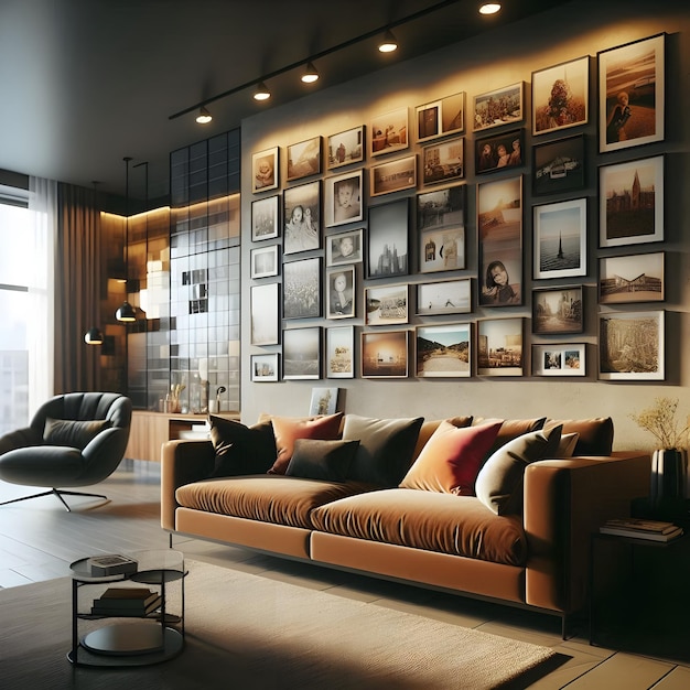 Wall with three picture frames in the living room over a sofa 3d rendering