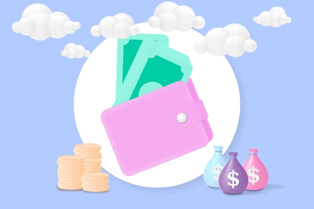 Wallet and banknote icon Coin stack money bag Money saving concept 3d vector illustration