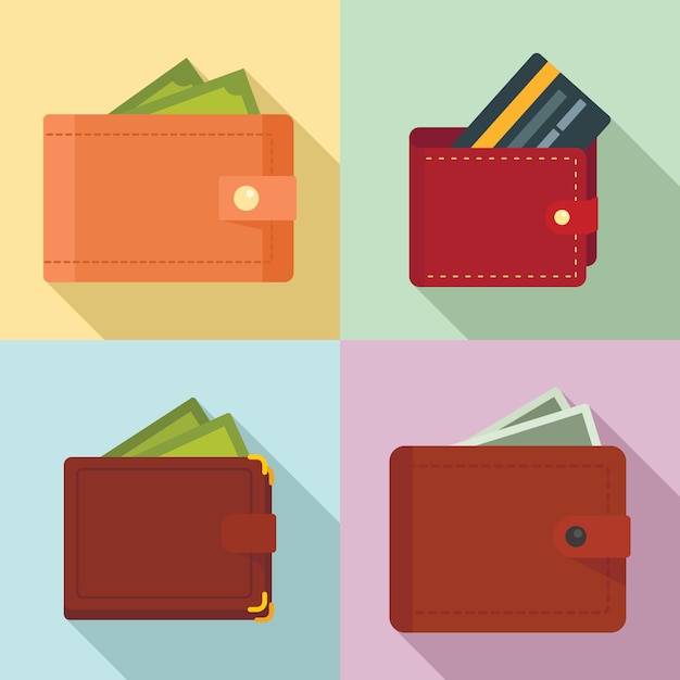 Wallet icons set, flat style