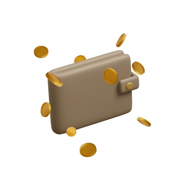 Vector wallet with flying golden coins in realistic cartoon style 3d design element for cashback concept vector illustration