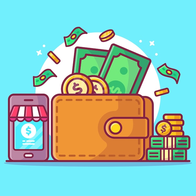 Wallet with Money Coins and Phone illustration Online Shop or Ecommerce Icon Vector Illustration