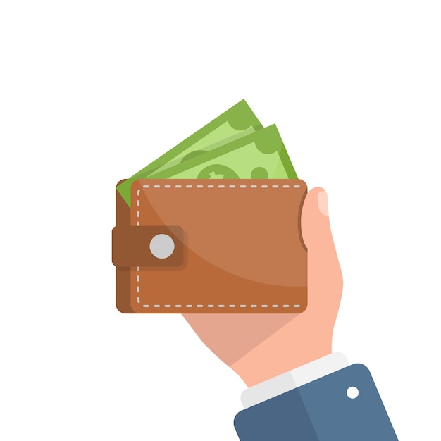 Wallet with money in hand illustration in flat style Online payment vector illustration on isolated background Cash and purse sign business concept