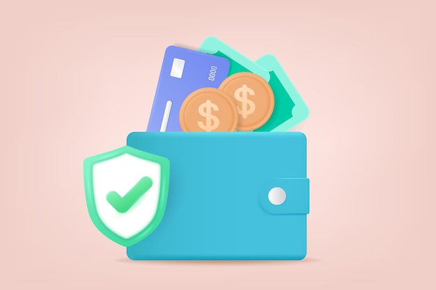 Wallet with shield credit cards and money Safe money operations concept Internet banking and money transfer 3d vector illustration